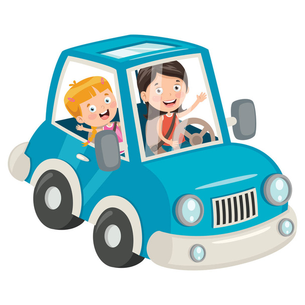 Children Travelling With A Funny Car - Vector, Image