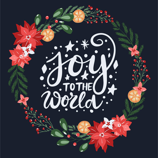 Joy to the world lettering card and hand drawn festive christmas decorative elements, florals and branches. Hand drawn vintage style - Vektor, obrázek