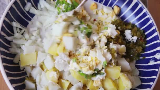 Une femme mélange pommes de terre, oignon, cornichons, œufs, oignons verts et mayonnaise dans un grand bol
 - Séquence, vidéo