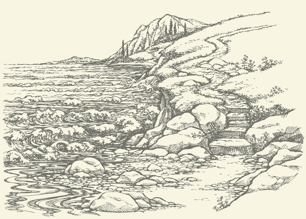 Vector landscape. Steps to rocky shore - Vektor, Bild