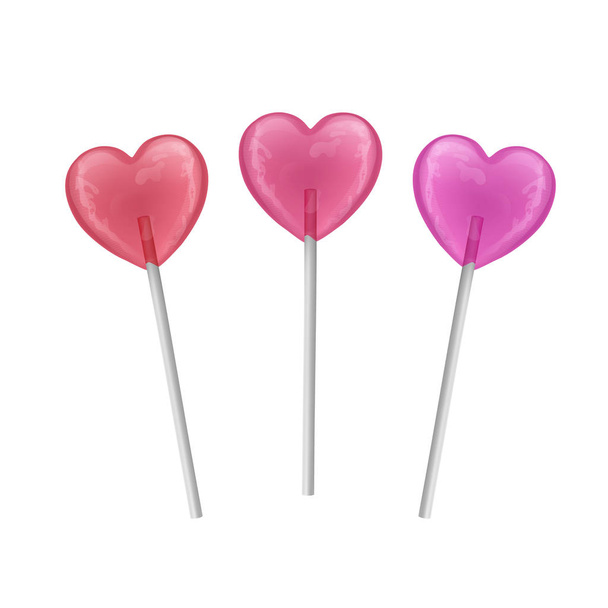 Поставить разноцветные сладкие лепешки. конфеты в форме сердец на палочке. Векторная иллюстрация
. - Вектор,изображение