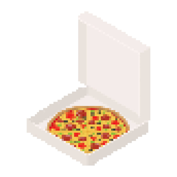 Pizza in box open pixel art. 8 bit Fastfood vector illustration - Vektör, Görsel