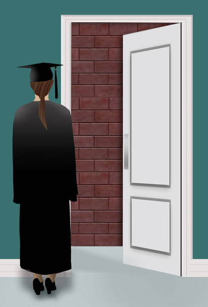 Absolwent w kapelusza i sukni znajdzie mur z cegły, patrząc przez otwór drzwi w rozmowie kwalifikacyjnej. - Zdjęcie, obraz
