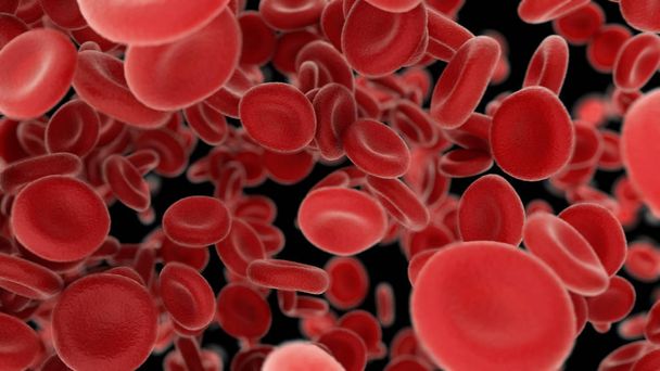 3d hacer que las células sanguíneas vuelen a través de las arterias en fondo negro
 - Foto, Imagen