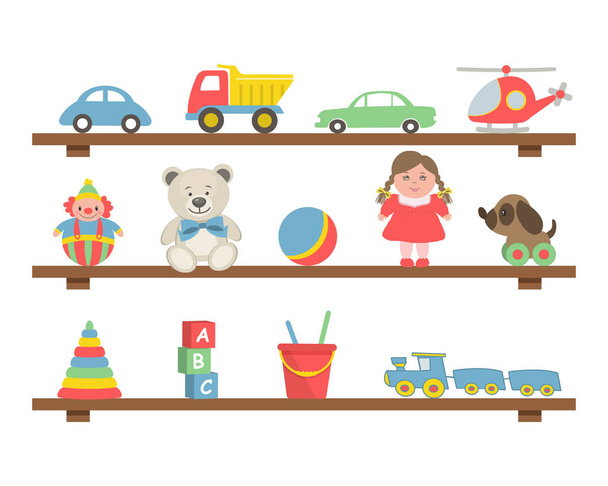 Speelgoed in de schappen. Er zijn auto's, een helikopter, teddyberen, een pop, een bal, een trein, een hond, een clown, een piramide, kubussen en andere items in de foto. Speelgoed voor kleine kinderen. Vector illustratie - Vector, afbeelding