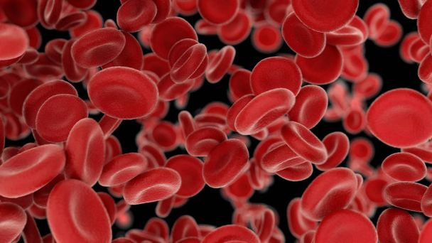3D-Rendering-Blutzellen fliegen durch Arterien auf schwarzem Hintergrund - Foto, Bild
