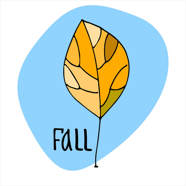 Autumn seasonal illustration. Hand drawn tree styled to look like a yellow leaf, hand lettering, sky blue background - ベクター画像