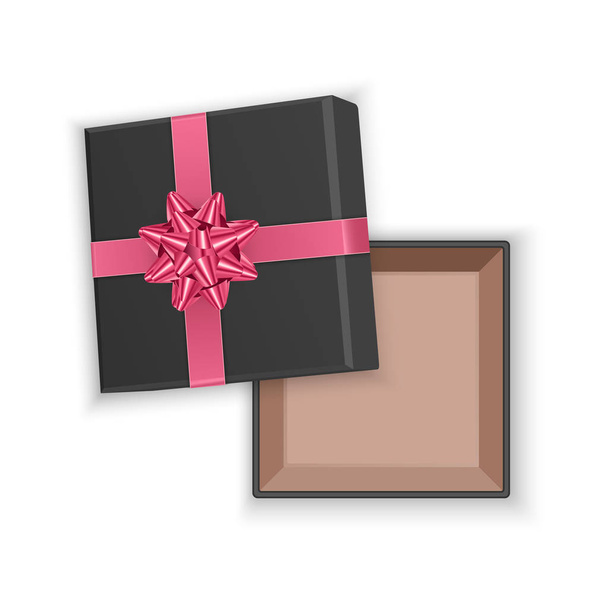 Černá dárková krabice s růžovým lukem, horní pohled, otevřená prázdná čtvercová lepenková krabice, izolovaná na průhledném pozadí. Vektorová ilustrace - Vektor, obrázek