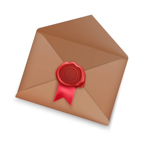 Realistická Stará poštovní obálka s červeným pečetním voskem izolovaným na bílém pozadí. otevřená obálka s pečetí, vektorová ilustrace - Vektor, obrázek