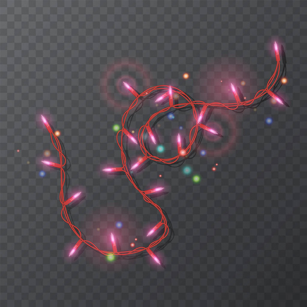 Weihnachtsbeleuchtung Randvektor, heller String Rahmen isoliert auf dunklem Hintergrund. leuchtende rote Lichter für das Weihnachtsgrußkartendesign. Vektorillustration - Vektor, Bild