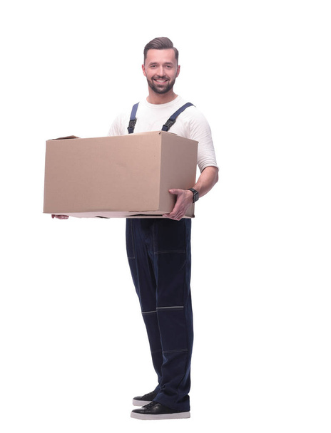 man in workwear with cardboard box isolated on white background - Foto, imagen