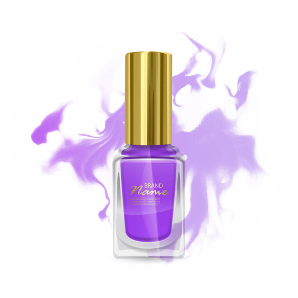 Esmalte de uñas púrpura realista en botella transparente sobre fondo abstracto. Ilustración vectorial
 - Vector, Imagen