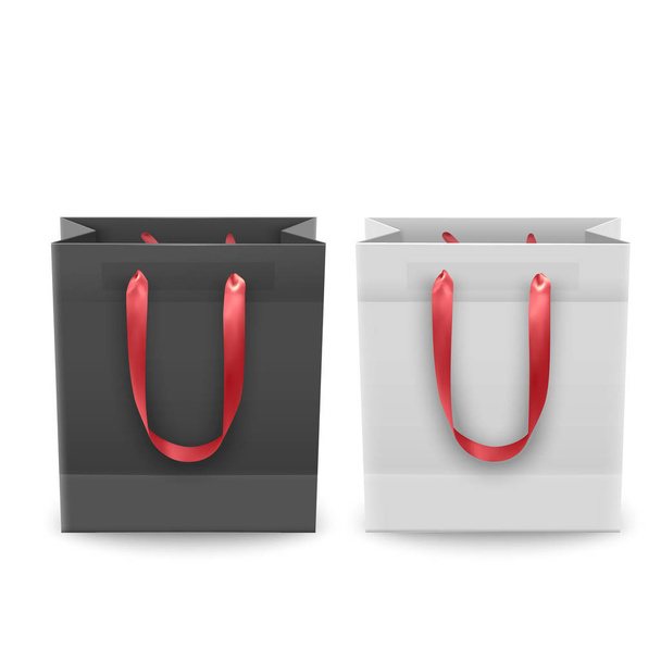 白い背景にハンドル付きのプラスチックや紙からのショッピングバッグのセット、黒と白の色のショッピングバッグ、ベクトルイラスト - ベクター画像