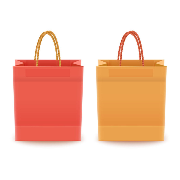 Набор пакетов из пластика или бумаги с ручками на белом фоне, пакеты желтого и оранжевого цветов, векторная иллюстрация
 - Вектор,изображение