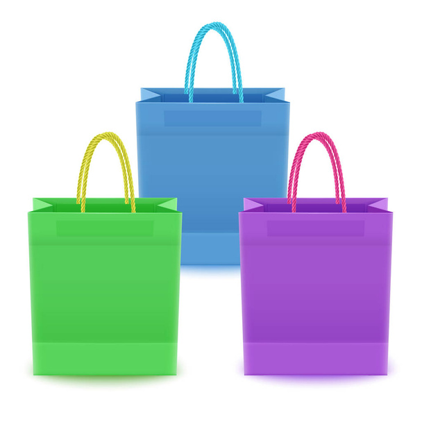 白い背景にハンドル付きのプラスチックや紙からのショッピングバッグのセット、青、緑と紫の色のショッピングバッグ、ベクトルイラスト - ベクター画像