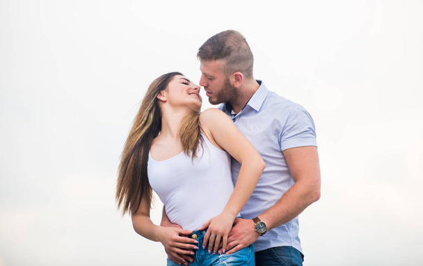 Couple goals concept. Love story. Romantic relations. Cute and sweet relationship. Couple in love. Man and woman cuddle nature background. Family love. Devotion and trust. Together forever we two - Foto, Imagen