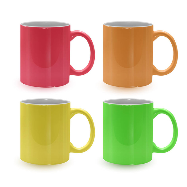 Set of bright and colored mugs on white background, realistic mugs, template for your project - ベクター画像