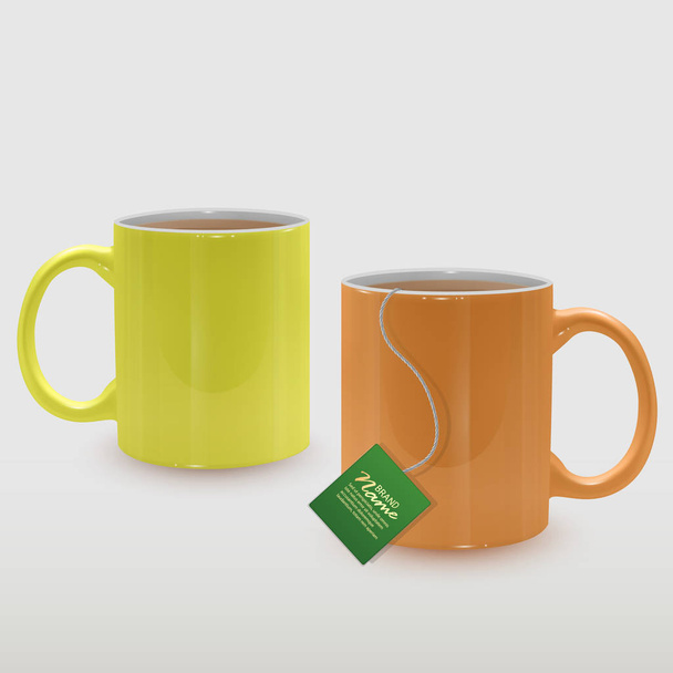 Реалистичные желтый и оранжевый чайные чашки, кружки чая на белом фоне, векторная иллюстрация
 - Вектор,изображение