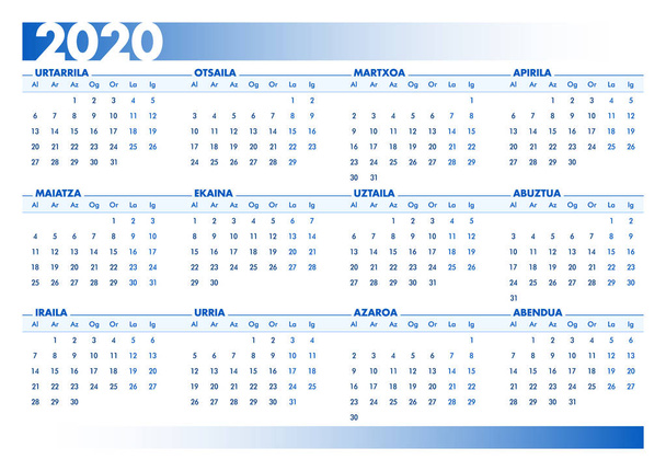 ブルー2020バスクカレンダー。印刷可能なランドスケープバージョン - ベクター画像