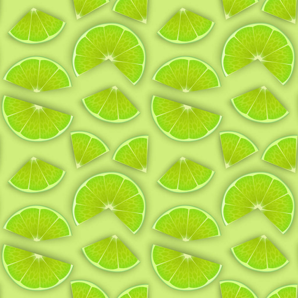 Seamless Endless Pattern with Print of Fresh lime slices, in cartoon style on Green background. Can be used in food industry for wallpapers, posters, wrapping paper, Vector illustration - Vector, Image
