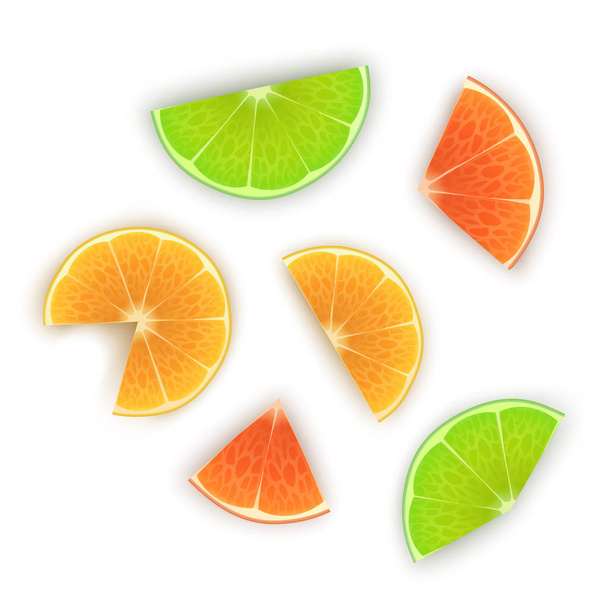 frische Orangen-, Limetten- und Zitronenscheiben auf weißem Hintergrund, ein Set heller Zitrusfrüchte, Orangenscheiben für Ihr Projekt - Vektor, Bild