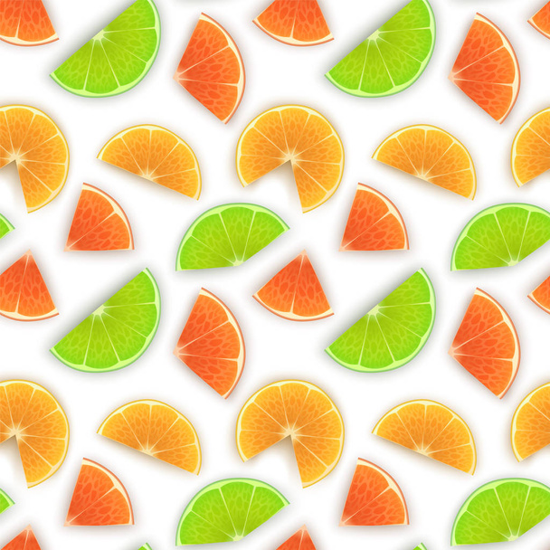 Бесшовный бесконечный узор с печатью свежих апельсиновых ломтиков, лайма и лимона в мультяшном стиле на белом фоне. Может использоваться в пищевой промышленности для обоев, плакатов. Векторная иллюстрация
 - Вектор,изображение