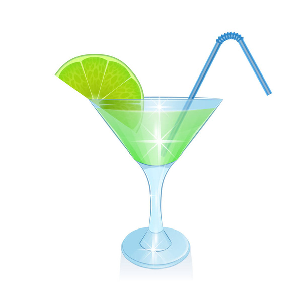 Коктейль с лаймовым ломтиком и соломой для напитков, коктейль в мультяшном стиле на белом фоне, Векторная EPS 10 иллюстрация
 - Вектор,изображение