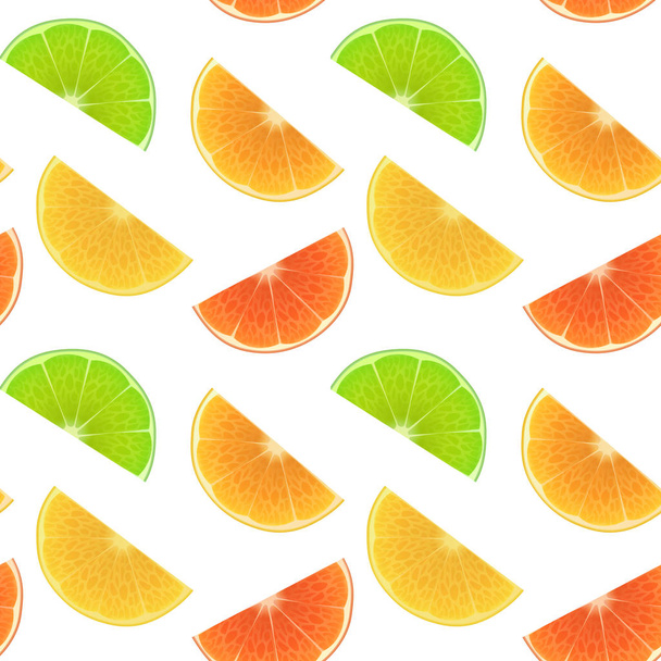 Modello senza soluzione di continuità senza fine con stampa di fette di arancia fresca, lime e limone in stile cartone animato su sfondo bianco. Può essere utilizzato nell'industria alimentare per sfondi, manifesti. Illustrazione vettoriale
 - Vettoriali, immagini