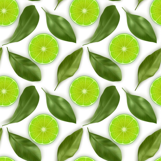 Seamless Endless Pattern with Print of Fresh Lime slices, lime and leaves in realistic style on white background. Can be used in food industry for wallpapers, posters. Vector illustration - Vector, Image