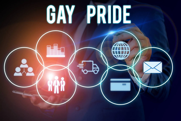 Word writing text Gay Pride. Business concept for Dignity of an idividual that belongs to either a analysis or woanalysis Male human wear formal work suit presenting presentation using smart device. - Photo, Image