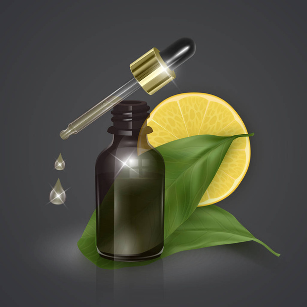 Aceite esencial con limón, vitamina C, ilustración 3D realista. Suero de hidratación con extracto de limón. Perfecto para publicidad, volante, pancarta, póster. Vector EPS 10
 - Vector, Imagen