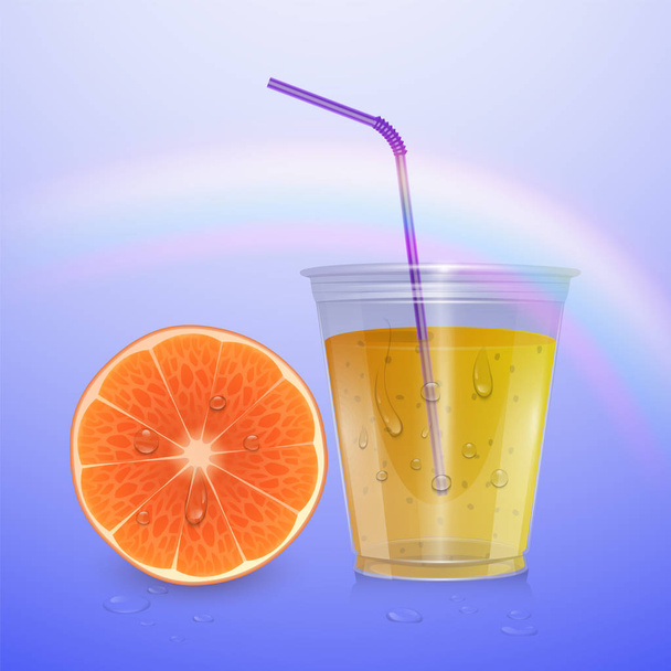 Filled Disposable Plastic Cup. Orange Juice. Transparent. Illustration Isolated On light Background Mock Up Template Ready For Your Design. - Вектор, зображення