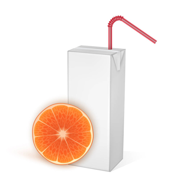 Opakowania kartonowe z sokiem pomarańczowym, izolowane na jasnym tle. Biały pakiet Mockup, ilustracja wektorowa realistycznego szablonu - Wektor, obraz