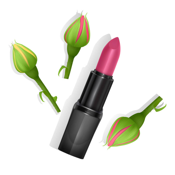 Lipstick in bright pink color in the realistic style against a background of red roses, top view, Premium cosmetic product. Vector illustration - ベクター画像