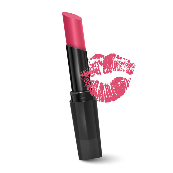 Lipstick of bright pink color and kissing print, realistic lipstick isolated on white background, Premium cosmetic product, vector illustration - Vector, Image