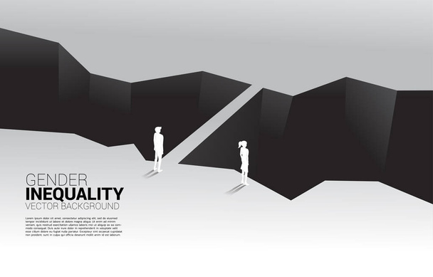 Businessman and business woman in front of valley and the man with the bridge. Concept of gender inequity in business and obstacle in woman career path - Vector, Image
