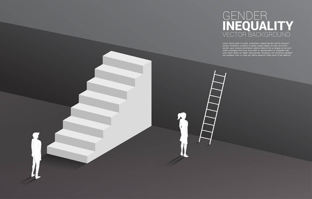 Biznesmen z schodów i biznesmen z drabiną, aby przejść na piętrze piętro. Pojęcie nierówności płci w biznesie i przeszkoda w ścieżce kariery kobiet - Wektor, obraz