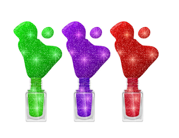 Satz Nagellacke mit glitzernder Textur, Nagellack in roten, lila und grünen Farben mit glänzender Textur, Abbildung auf weißem Hintergrund - Vektor, Bild