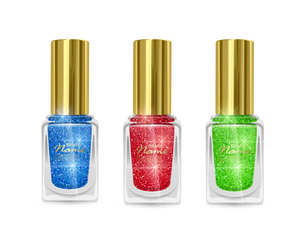 Set of Nail Polishes with glittery texture, nail Polish of red, blue and green colors with shiny texture, Vector illustration on white background - ベクター画像