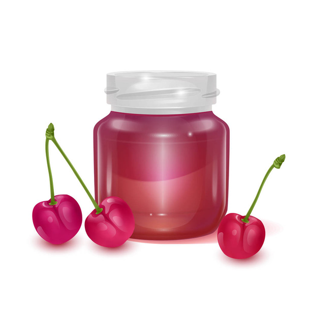 Glass jar with Cherry jam on light background, Label for jam. Mockup for your brand realistic vector EPS 10 illustration - ベクター画像
