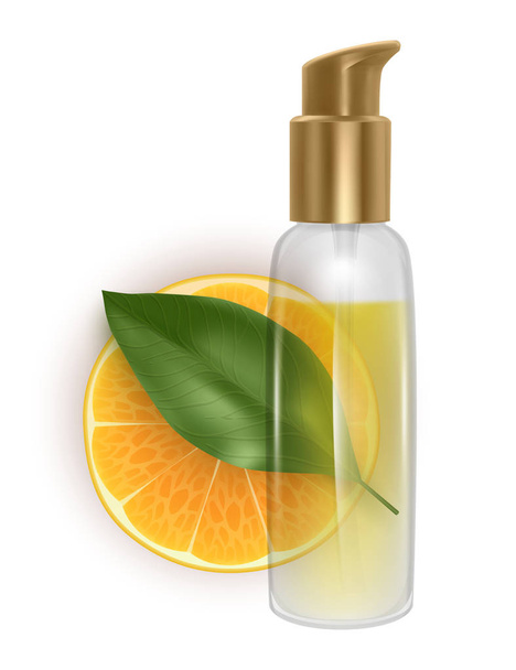 Slice of tangerine with a jar of oil on a white background, Bottle of essential aroma oil on orange slice, fresh leaves on white background, Vector EPS 10 illustration - Vector, Image