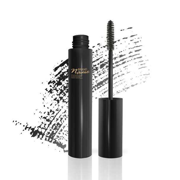A mascara tube and a wand applicator. Cosmetic black bottle with eyelash brush. Isolated on white background. black brush stroke, 3d realistic vector illustration - Vector, Image
