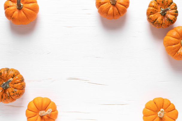 Small decorative pumpkins on white wooden background. Autumn, fall, thanksgiving or halloween day concept, flat lay, top view, copy space - Foto, immagini