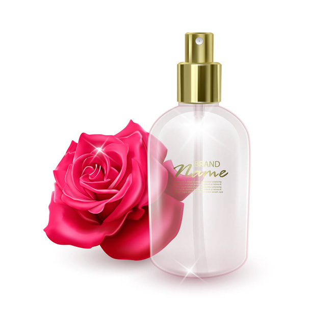 Um frasco vazio para perfumar um frasco no fundo de uma rosa vermelha, ilustração realista, Pode ser modelo para sua marca
 - Vetor, Imagem
