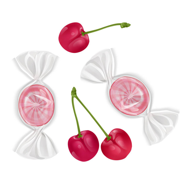 Szett édesség fehér alapon, kemény cukorka, Sweet nyalókák kerek alakú cseresznye ízű. Vektoros illusztráció - Vektor, kép