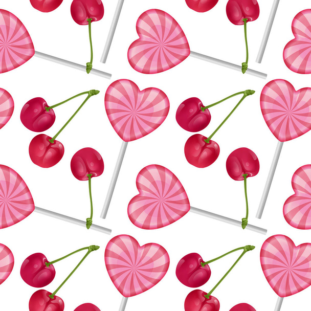 Saumaton, loputon kuvio, jossa makeat realistiset värikkäät tikkarit sydämen ja punaisen kirsikan muodossa. Saumaton tausta, muotoilu pakkaamiseen makeisia. Vektori EPS 10 kuva
 - Vektori, kuva