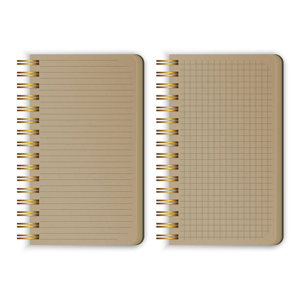 Conjunto de cuadernos antiguos realistas Cuaderno acolchado abierto en blanco con líneas y cuaderno en la celda para escribir plantillas de mensajes, hoja de papel vertical. Vector Eps 10 ilustración
 - Vector, imagen