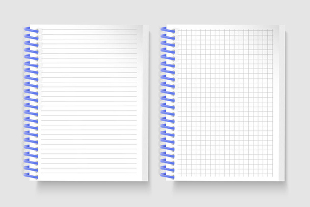 Set van realistische notebooks leeg open gewatteerde schetsboek met lijnen en notebook in de cel voor het schrijven van berichtsjablonen, school notebook, verticale papier blad. Vector EPS 10 illustratie - Vector, afbeelding