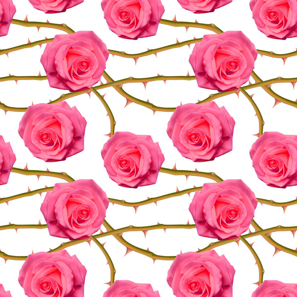 nahtloses, endloses Muster mit Rosen und Dornen, leuchtend rosa Rosen auf weißem Hintergrund, Design für Ihre Verpackung. Vektorillustration - Vektor, Bild