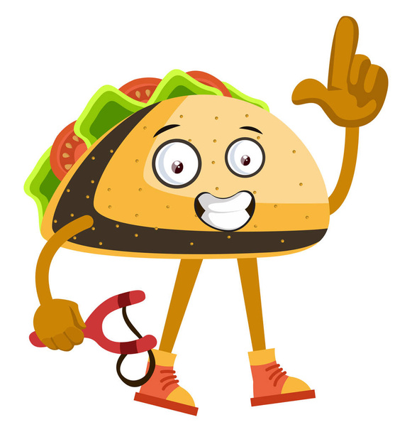 Taco with sling shot, illustration, vector on white background. - Vetor, Imagem